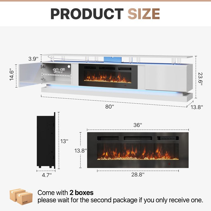 Sonegra Modern Fireplace TV Stand for TVs Up to 90" with Music Sync LED, 80" Entertainment Center with Electric Fireplace, TV Console with Storage Cabinets for Living Room, White