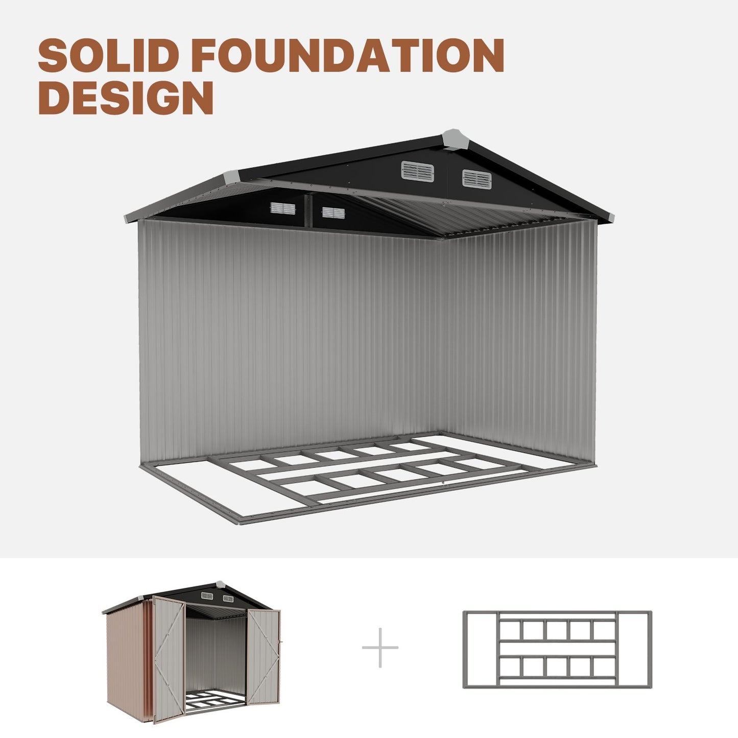 Clouddwell 8x6 ft. Metal Storage Shed with Base, Galvanized Steel Outdoor Garden Shed (Brown)