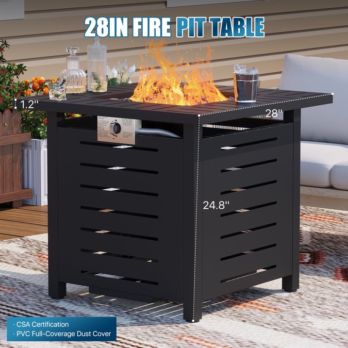 Sunmthink 28" Propane Fire Pit Table, 50,000 BTU Auto Ignition Steel Gas Fire Pit with Removable Lid & Waterproof Cover for Patio, Backyard, Black