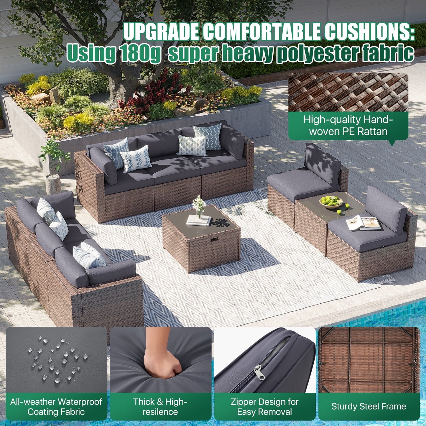 Clouddwell 10 Piece Patio Furniture Set Wicker Rattan Patio Conversation Set Outdoor Sectional Sofa Set with Coffee Table and Gray Cushions(Waterproof Cover Included)