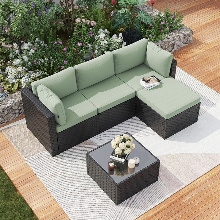 Dateyes 5 Pieces Patio Furniture Set, All-Weather Wicker Rattan Patio Sectional Sofa Set with Coffee Table and Waterproof Cover(Light Green)
