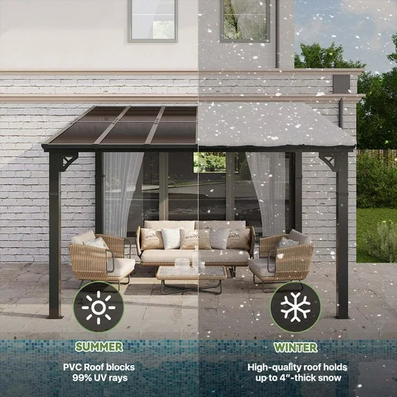 Clouddwell 12'x 10' Wall-Mounted Gazebo Pergola with Aluminum Top Frame & Polycarbonate Panel, Large Heavy-Duty Awnings for Backyard Black