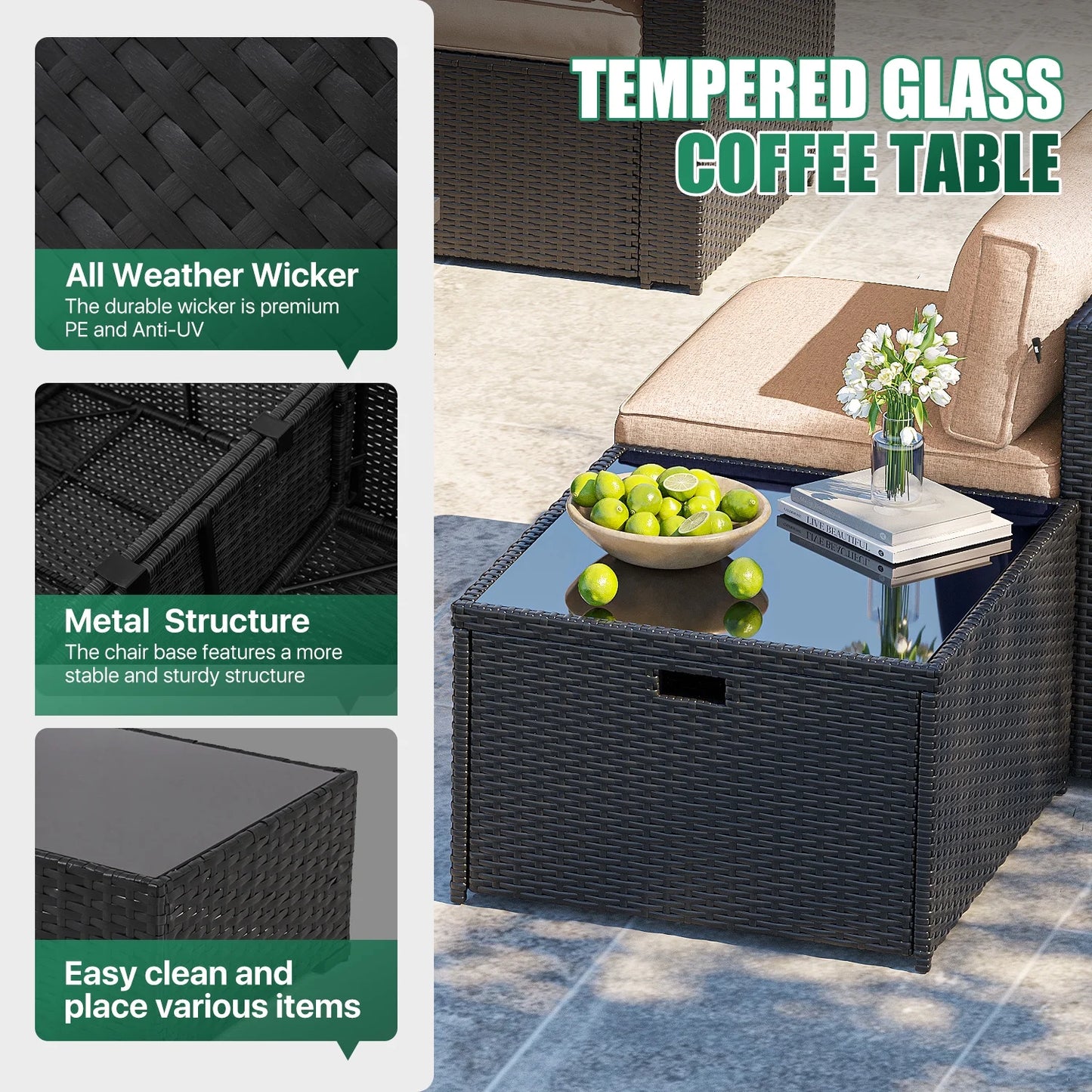 Clouddwell 10-Piece Patio Furniture Set on Sale, Black Rattan Wicker Outdoor Sectional Sofa Couch with Table Patio Conversation Set for Lawn& Backyard,Beige