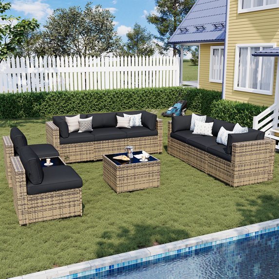 Sunmthink Patio Furniture Sets, 10-Piece Outdoor Patio Furniture with Thick Cushions, Wicker Outdoor Conversation Set and Waterproof Cover for Backyard, Poolside, Garden