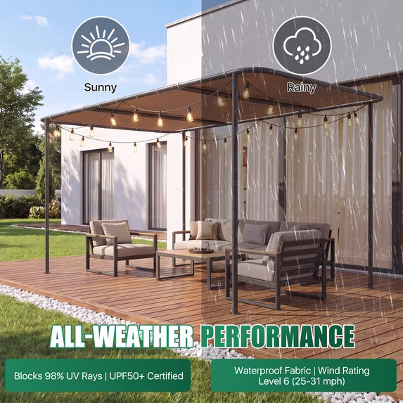 Clouddwell 10×10 FT Wall-Mounted Sloped Roof Outdoor Pergola Canopy, Water-Resistant & UV-Resistant Metal Patio Gazebo for Backyard Garden Porch in Khaki