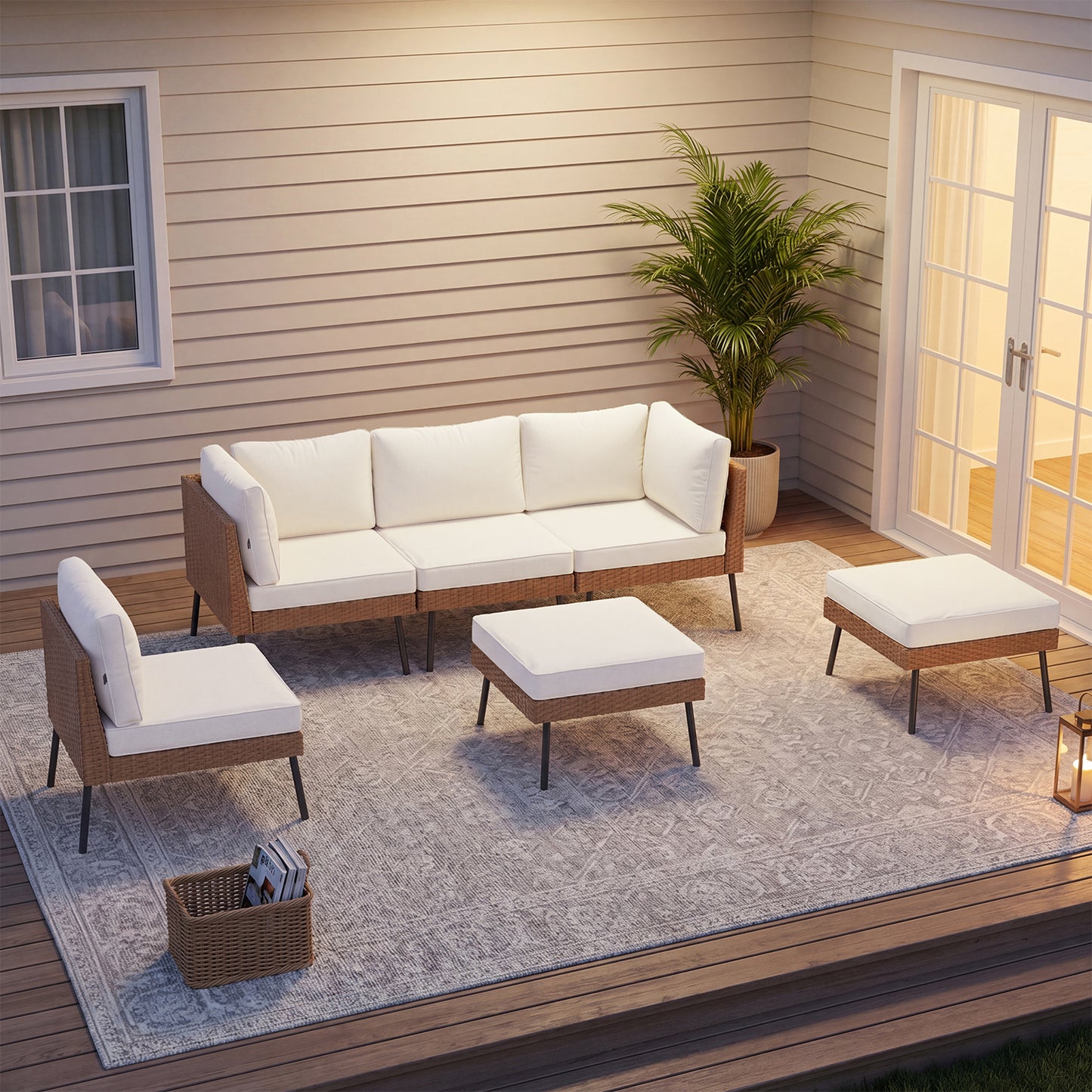 Clouddwell 6-Piece Patio Furniture Set, Wicker Outdoor Furniture with Water Resistant Thick Cushions, Patio Conversation Set Outdoor Sectional Sofa with Coffee Table for Backyard Poolside, Beige
