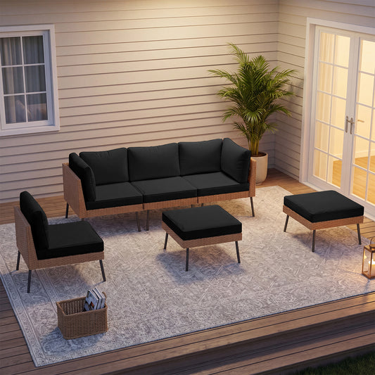 Clouddwell 6-Piece Patio Furniture Set, Wicker Outdoor Furniture with Water Resistant Thick Cushions, Patio Conversation Set Outdoor Sectional Sofa with Coffee Table for Backyard Poolside, Black