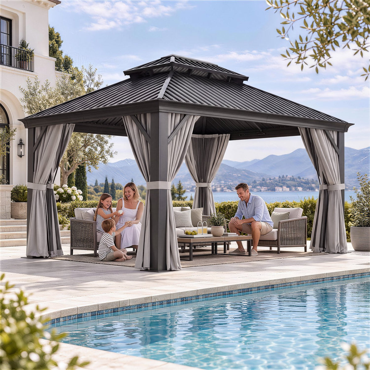 Sunmthink 12' x 16' Outdoor Hardtop Gazebo, Galvanized Steel Double Roof Gazebo with Curtain and Netting