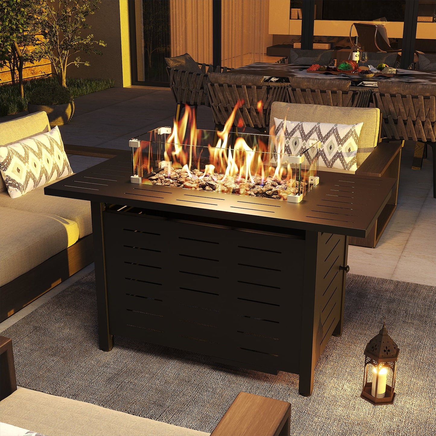 Clouddwell 45" Propane Fire Pit Table, 60,000 BTU Outdoor Patio Heater with Auto Ignition - Includes Glass Wind Guard, Removable Lid & Lava Rocks for Backyard, Deck, Garden (Black)