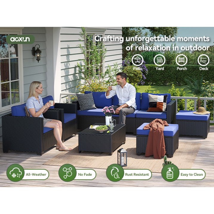 6 Piece Outdoor Wicker Patio Furniture Set, Rattan Sectional Sofa Sets with Navy Blue Cushions