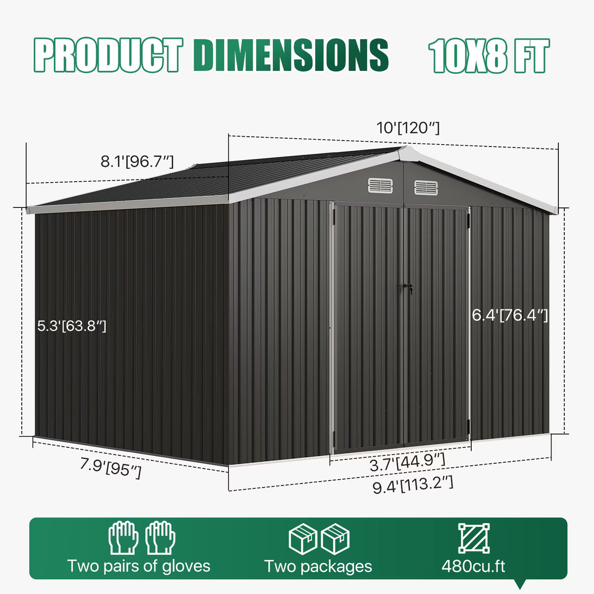LazySunsets 10 x 8FT Shed Outdoor Storage Shed with Double Door, Large Metal Shed with Lockable Door & Sloped Roof for Garden, Backyard, Patio and Backyard, Black