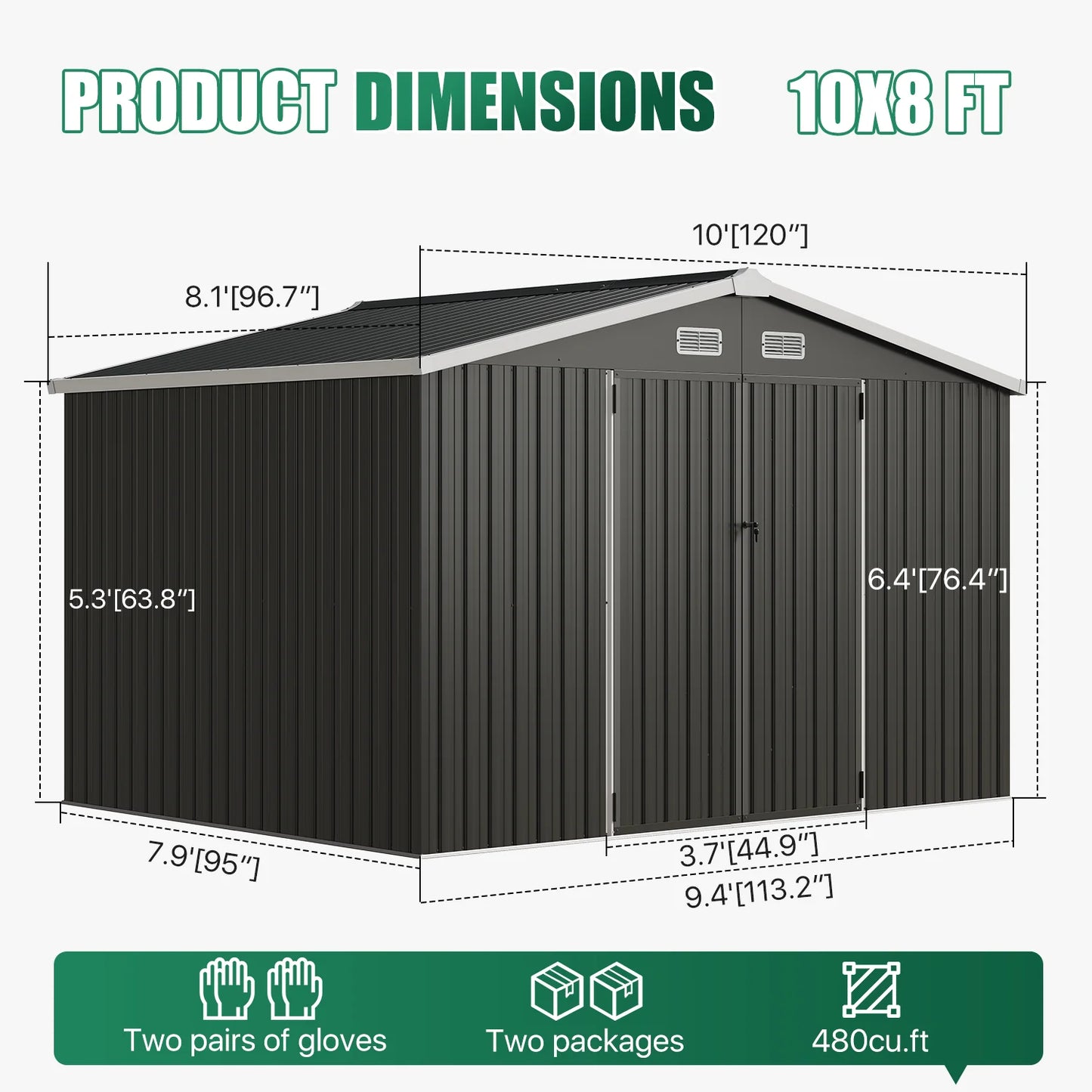 Clouddwell 10 x 8 FT Shed Outdoor Storage Shed with Double Hinged Large Door, Large Metal Shed with Lockable Door & Sloped Roof for Garden, Patio and Backyard, Black