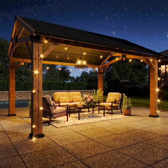 Aoxun 12' x 14' Outdoor Wood Gazebo, Hardtop Gazebo Permanent Wooden Pavilion with Galvanized Steel Gable Roof, for Patio, Garden, Backyard, Cedar Wood