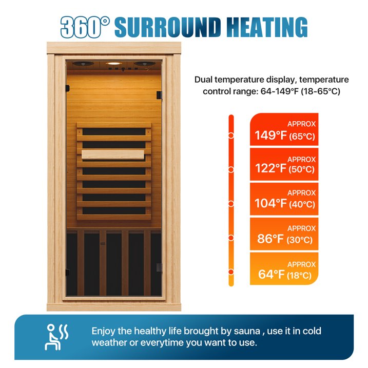 Sunmthink Full Spectrum Infrared Sauna ， 1-Person Home Sauna 1260W Hemlock Wood Spa with Resonance Speaker & Tempered Glass
