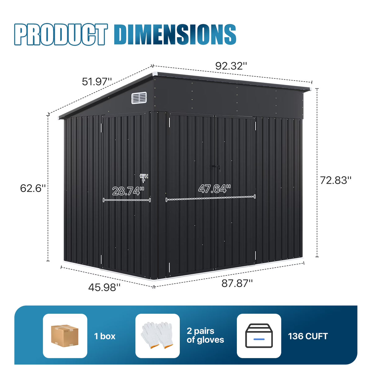 Dateyes 8' x 4' Metal Storage Shed with Triple Doors, Lockable Lean-to Design & Vents, Black