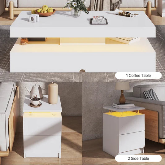 Sonegra 3-Piece Living Room Coffee Table Set, Including A Modern Coffee Table and 2 LED End Tables with Storage Drawers, White