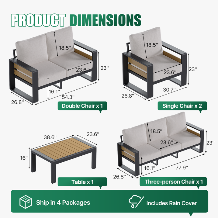 7-Seats Aluminum Patio Furniture Set, Outdoor Metal Sofa Conversation Set with Coffee Table for Pool Garden Porch Backyard, Light Gray