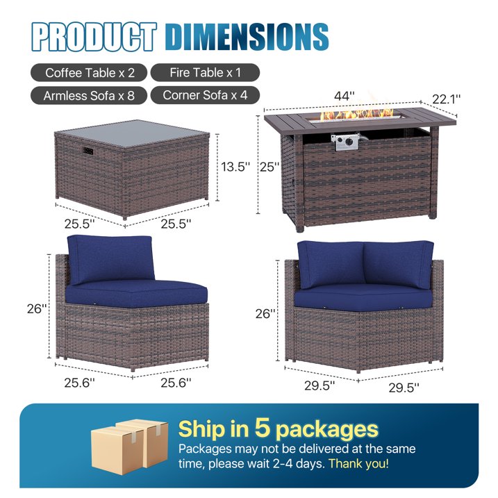 Sunmthink Patio Furniture Sets, 15-Piece Outdoor Patio Furniture with 44'' Propane Gas Firepit Table, Wicker Outdoor Conversation Set and Waterproof Cover for Backyard, Poolside, Garden