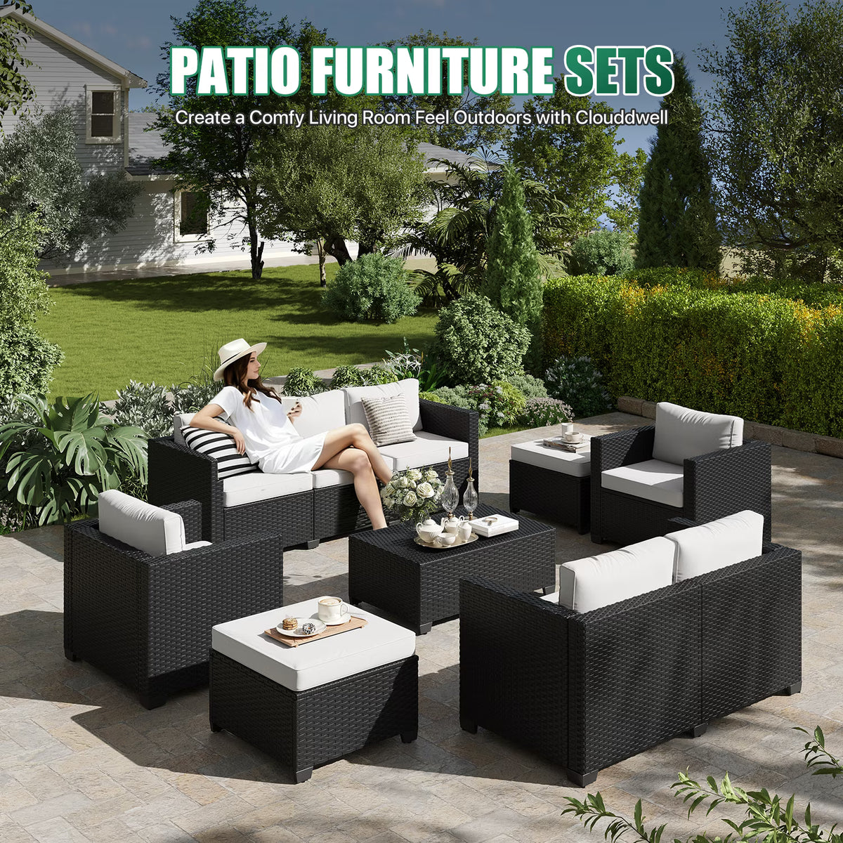 Clouddwell 9 Seats Patio Furniture Set with Storage Coffee Table, All Weather Wicker Outdoor Sectional With Thickened Cushion and Waterproof Cover, Beige