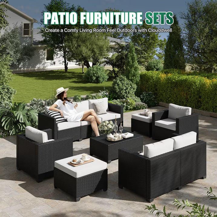 Clouddwell 9 Seats Patio Furniture Set with Storage Coffee Table, All Weather Wicker Outdoor Sectional With Thickened Cushion and Waterproof Cover, Beige