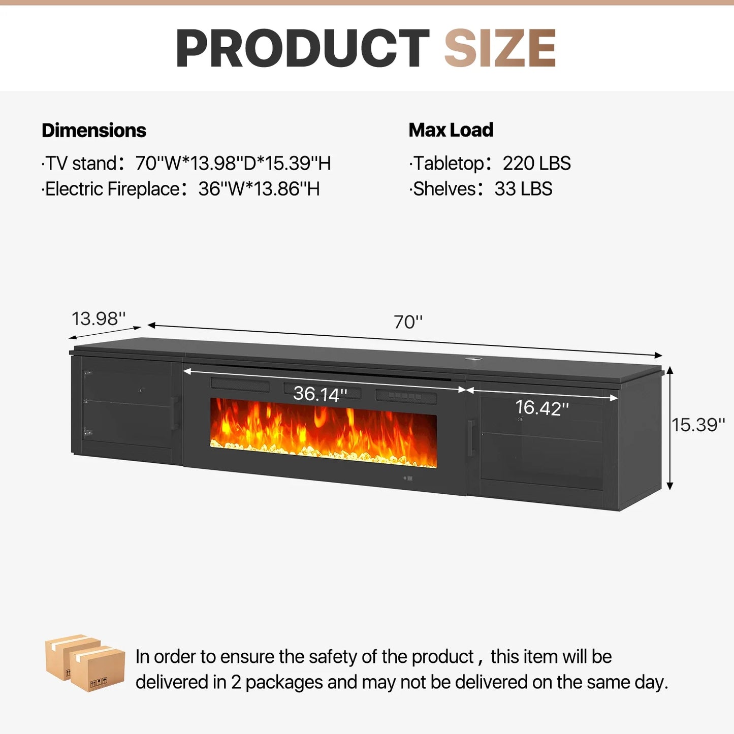 Sonegra 70" Floating TV Stand with 36" Electric Fireplace, High Gloss Finish Wall Mounted Fireplace Entertainment Center with Storage for TVs Up to 80", Black