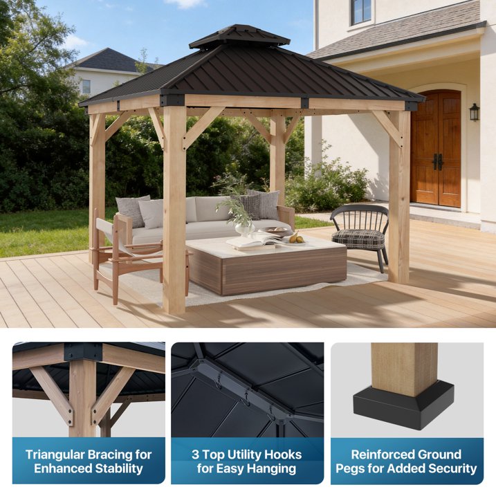 Sunmthink 10'x10' Outdoor Hardtop Gazebo, Cedar Wood Pavilion with Galvanized Steel Double Roof, for Patio, Garden, Deck