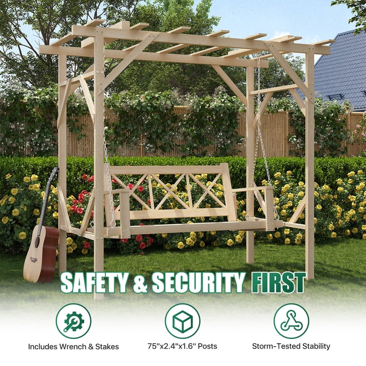 Clouddwell Natural Cedar Wood 3-Seat Pergola Swing Bench with Canopy & Stand Patio Hammock Swing Set with Metal Chains for Backyard, Garden, Porch