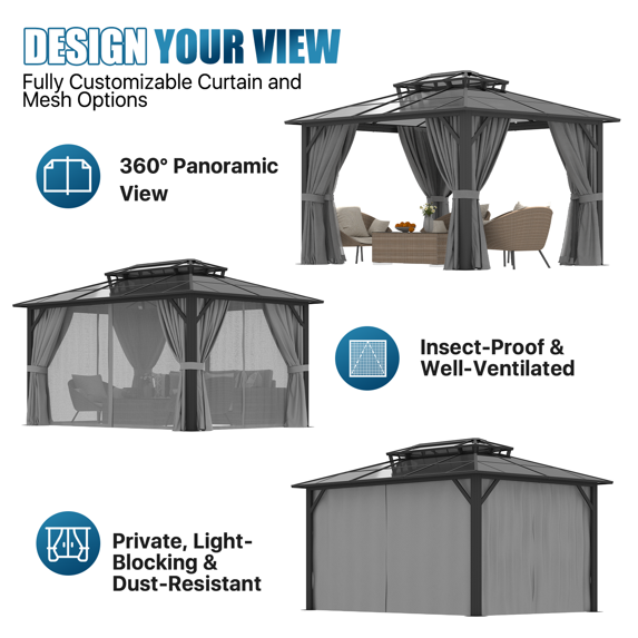 Sunmthink 12' x 12' Hardtop Gazebo,Polycarbonate Double Roof,Aluminum Frame with Curtains and Netting for Patio,Garden,Gray