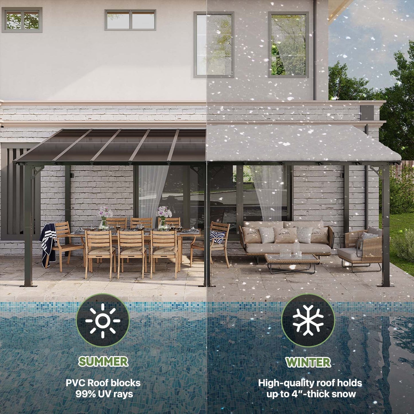 Clouddwell 20'x 10' Wall-Mounted Gazebo Pergola with Aluminum Top Frame & Polycarbonate Panel, Large Heavy-Duty Awnings for Backyard Black