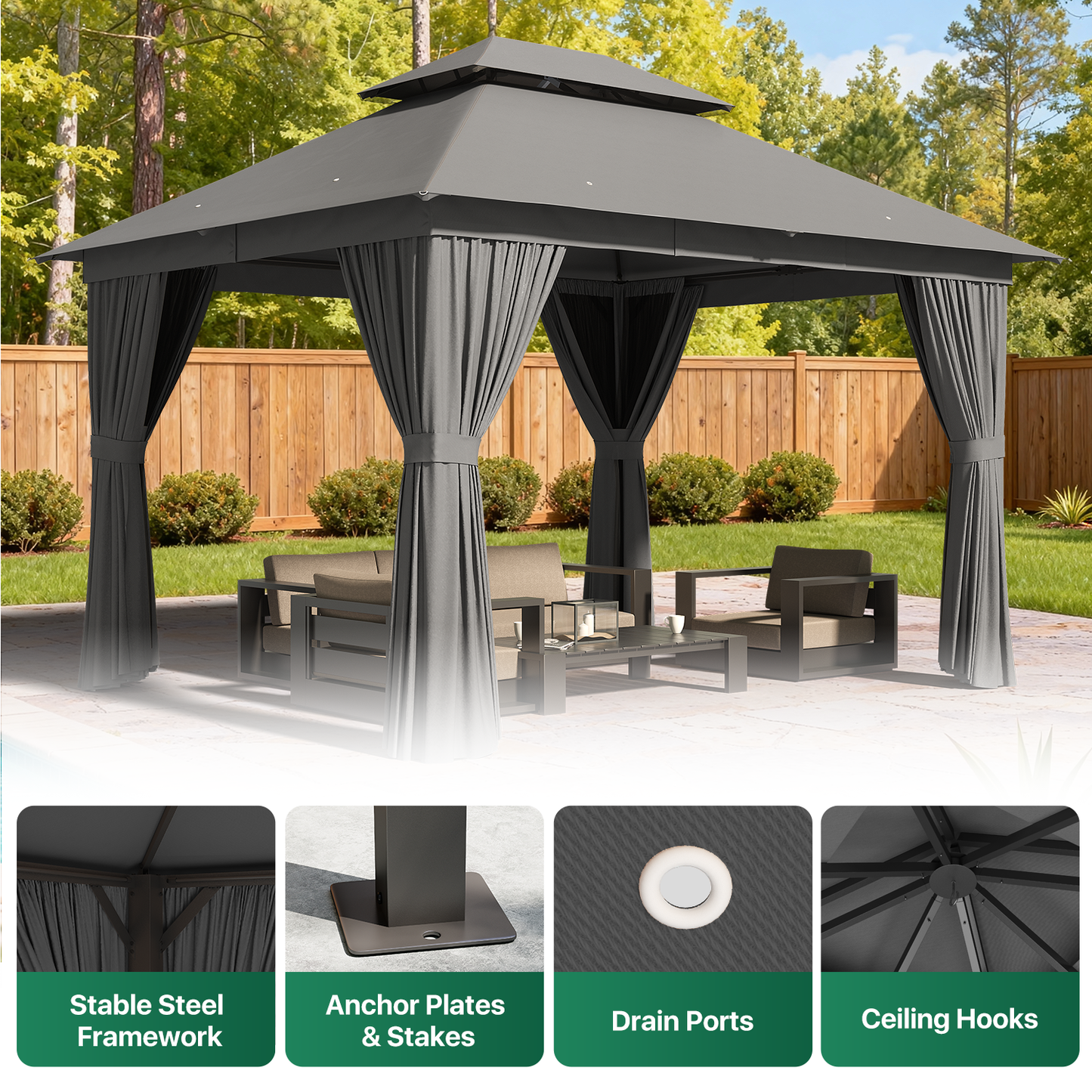 Clouddwell 10'x12' Patio Gazebo Double Roof Protection All-Weather Outdoor Shelter Features Insect Screens & Privacy Curtains Ideal for Backyard, Lawn, (Gray)
