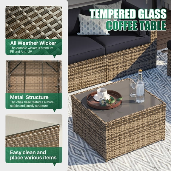 Clouddwell 7 Piece Patio Furniture Set Wicker Rattan Patio Conversation Set Outdoor Sectional Sofa Set with Coffee Table and Black Cushions(Waterproof Cover Included)