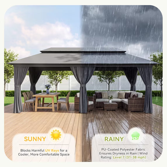 Sunmthink Outdoor Gazebo for Patio 20'x10', Metal Frame Canopy with Double Roofs, Heavy Duty Party Tent and Shelter with Mosquito Netting and Privacy Screen for Backyard,Garden,Deck (Gray)
