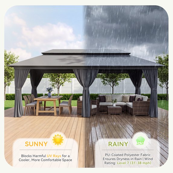Clouddwell 20'x10' Patio Gazebo Double Roof Protection All-Weather Outdoor Shelter Features Insect Screens Ideal for Backyard, Lawn, (Gray)