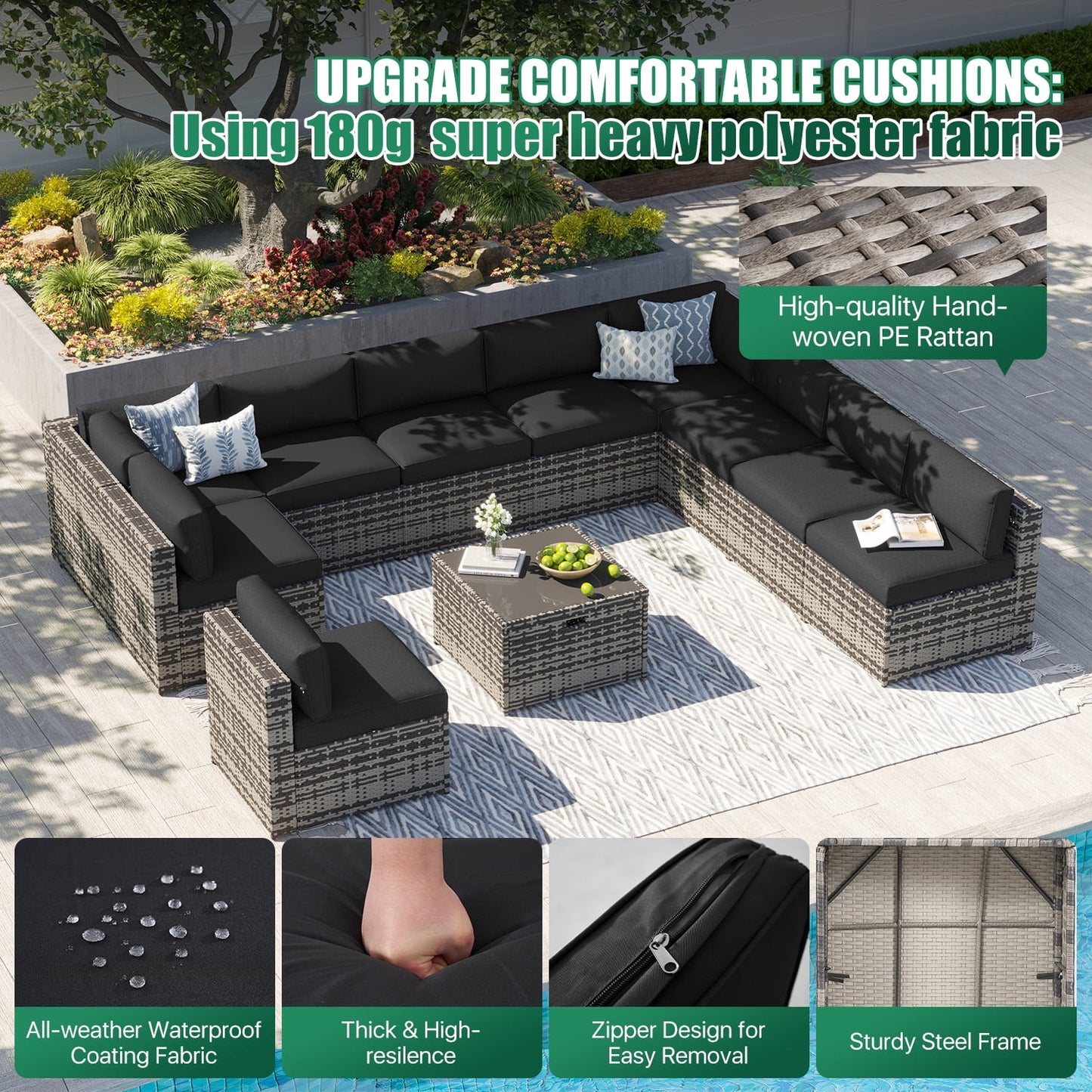 Clouddwell 11 Piece Patio Furniture Set Wicker Rattan Patio Conversation Set Outdoor Sectional Sofa Set with Coffee Table and Black Cushions(Waterproof Cover Included)