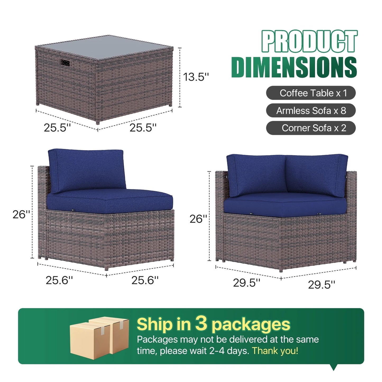 Clouddwell 11 Piece Patio Furniture Set Wicker Rattan Patio Conversation Set Outdoor Sectional Sofa Set with Coffee Table and Blue Cushions