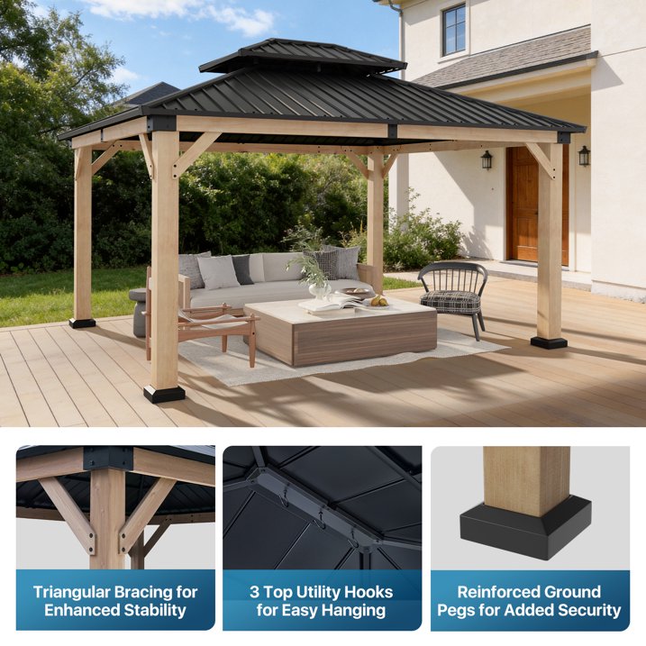 Sunmthink 12'x14' Outdoor Hardtop Gazebo, Cedar Wood Pavilion with Galvanized Steel Double Roof, for Patio, Garden, Deck