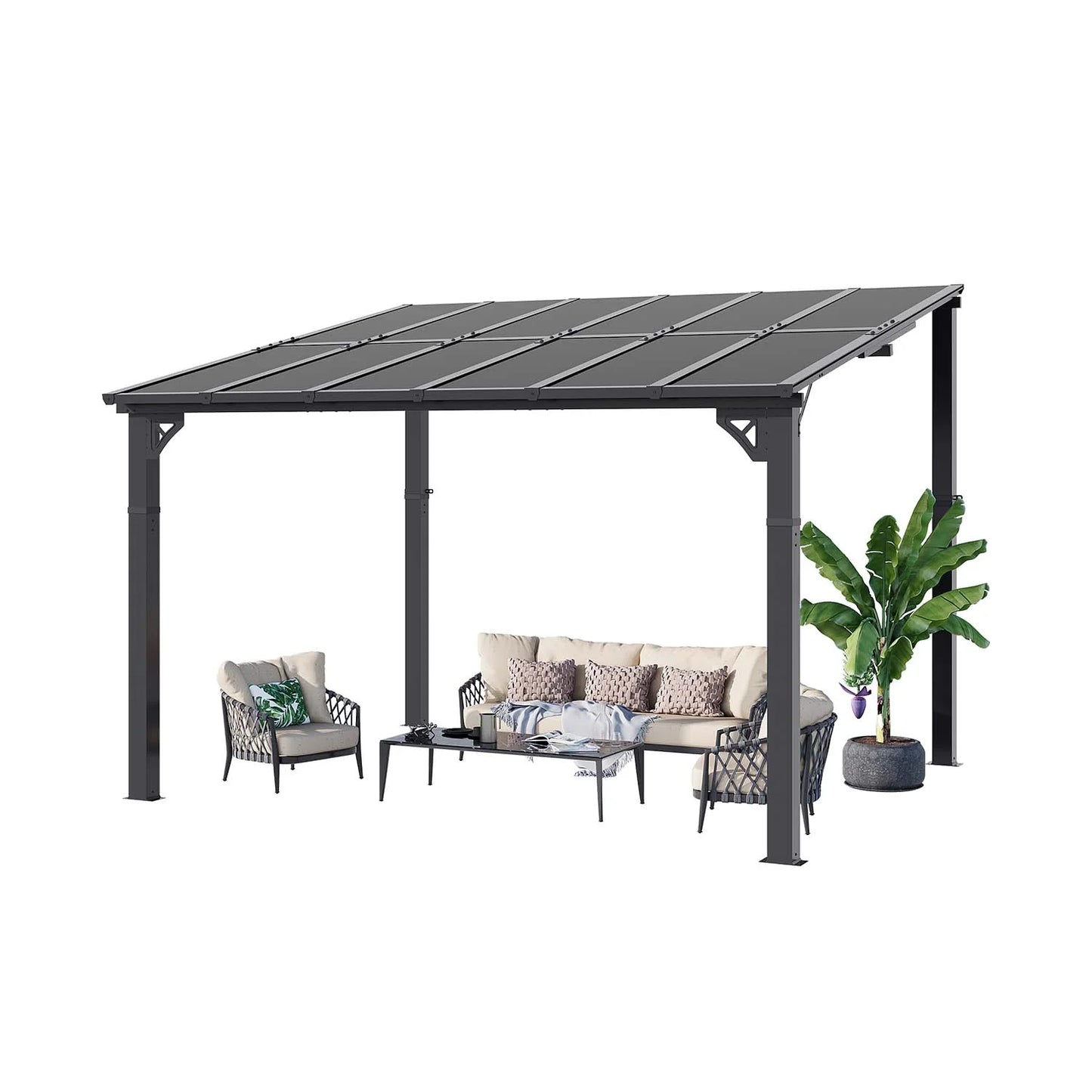 Clouddwell 12'x 10' Wall-Mounted Gazebo Pergola with Aluminum Top Frame & Polycarbonate Panel, Large Heavy-Duty Awnings for Backyard Black