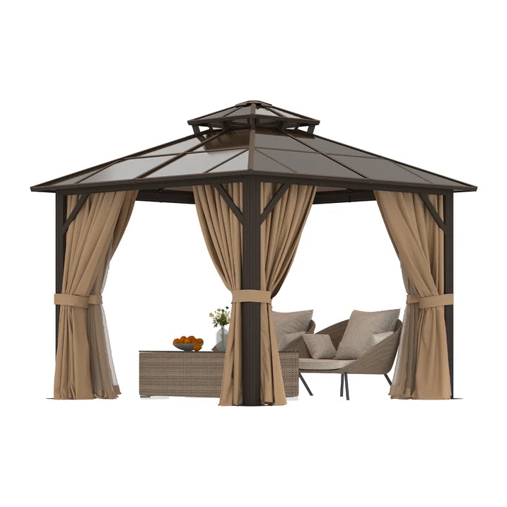 Sunmthink 10' x 10' Hardtop Gazebo,Polycarbonate Double Roof,Aluminum Frame with Curtains and Netting for Patio,Garden,Brown