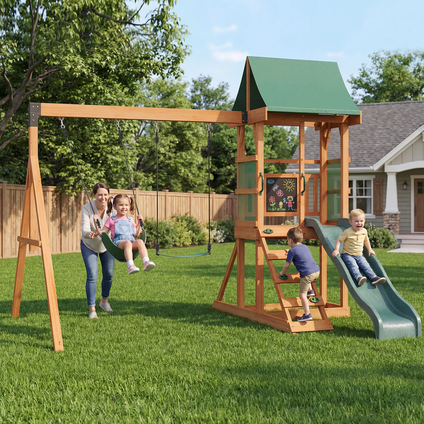 Clouddwell Wooden Swing Set for Backyard Playground Swingset with Slide Kid Outdoor Play Set with Play Deck, Rock Wall Ladder, Belt Swings, Chalkboard