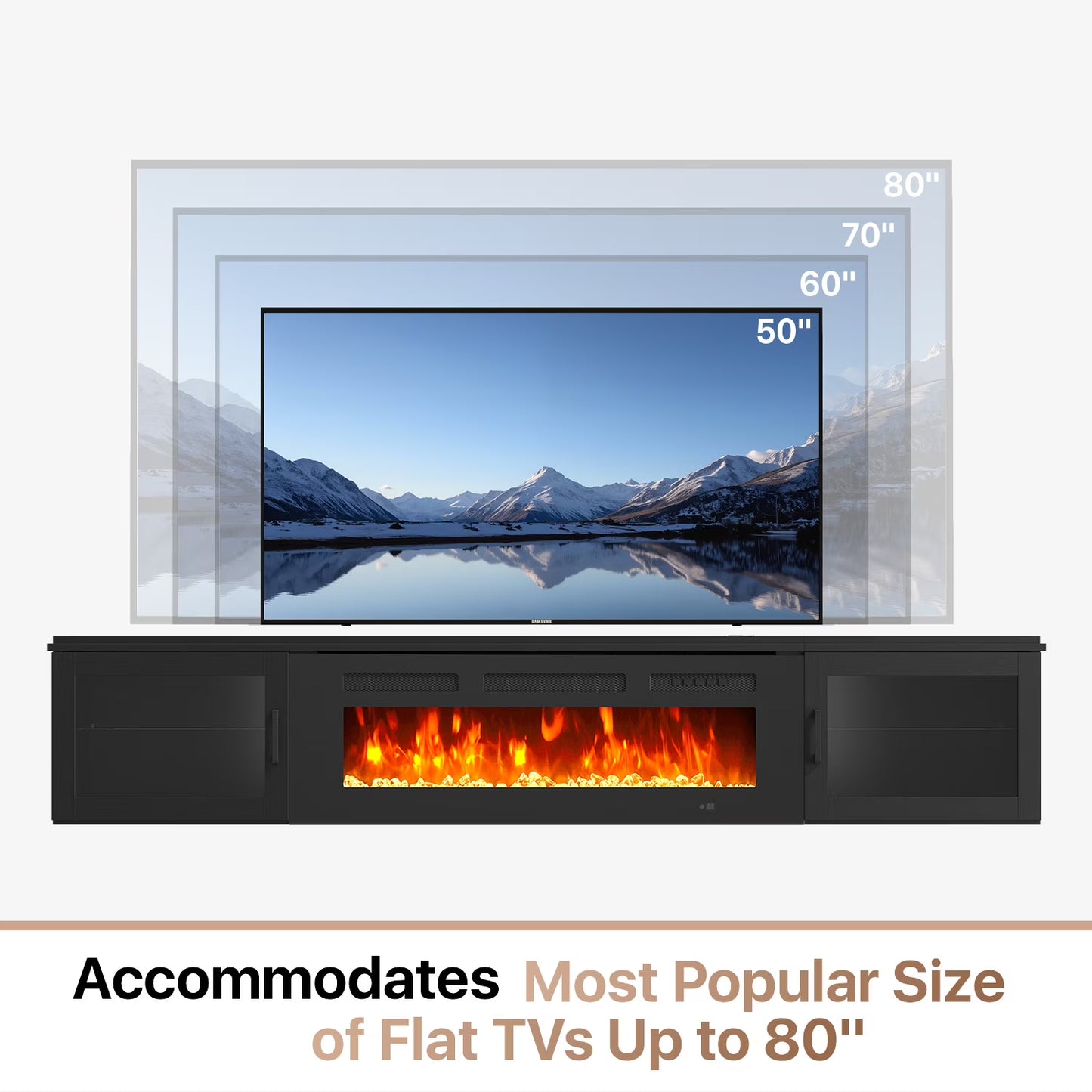 Sonegra Floating Fireplace TV Stand for TVs up 80", Wall Mounted Fireplace Entertainment Center, 70" Console Table with Electric Fireplace, Black, WI-FI Enabled