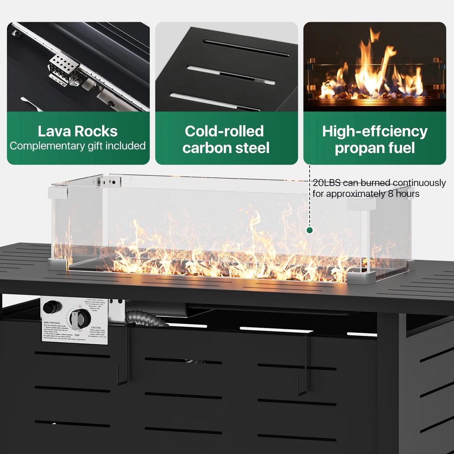 Clouddwell 44" Black Propane Fire Pit Table, 50,000 BTU Outdoor Gas Firepit with Lava Rocks, Removable Lid & Waterproof Cover for Patio Black