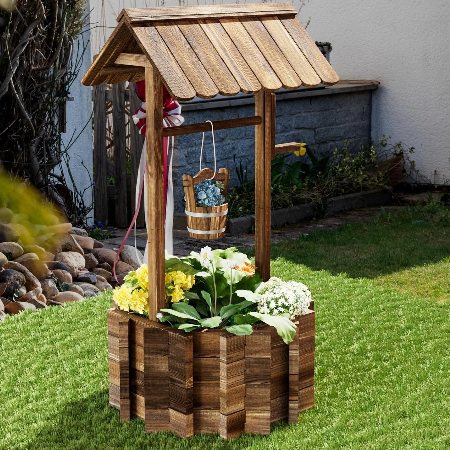 Sunmthink Big Wishing Well Planter 25.5" with Hanging Bucket for Flower and Plants, Brown, Wooden