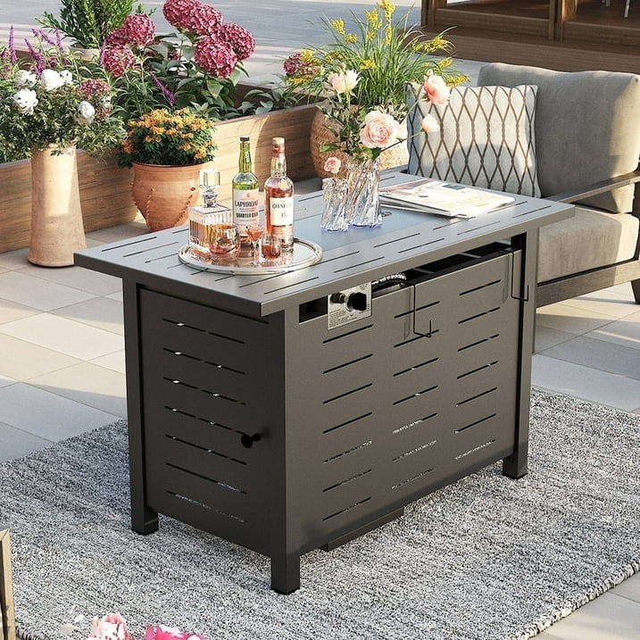 Sunmthink 42" Propane Fire Pit Table, 50,000 BTU Auto Ignition Steel Gas Fire Pit with Removable Lid & Waterproof Cover for Patio, Backyard, Black