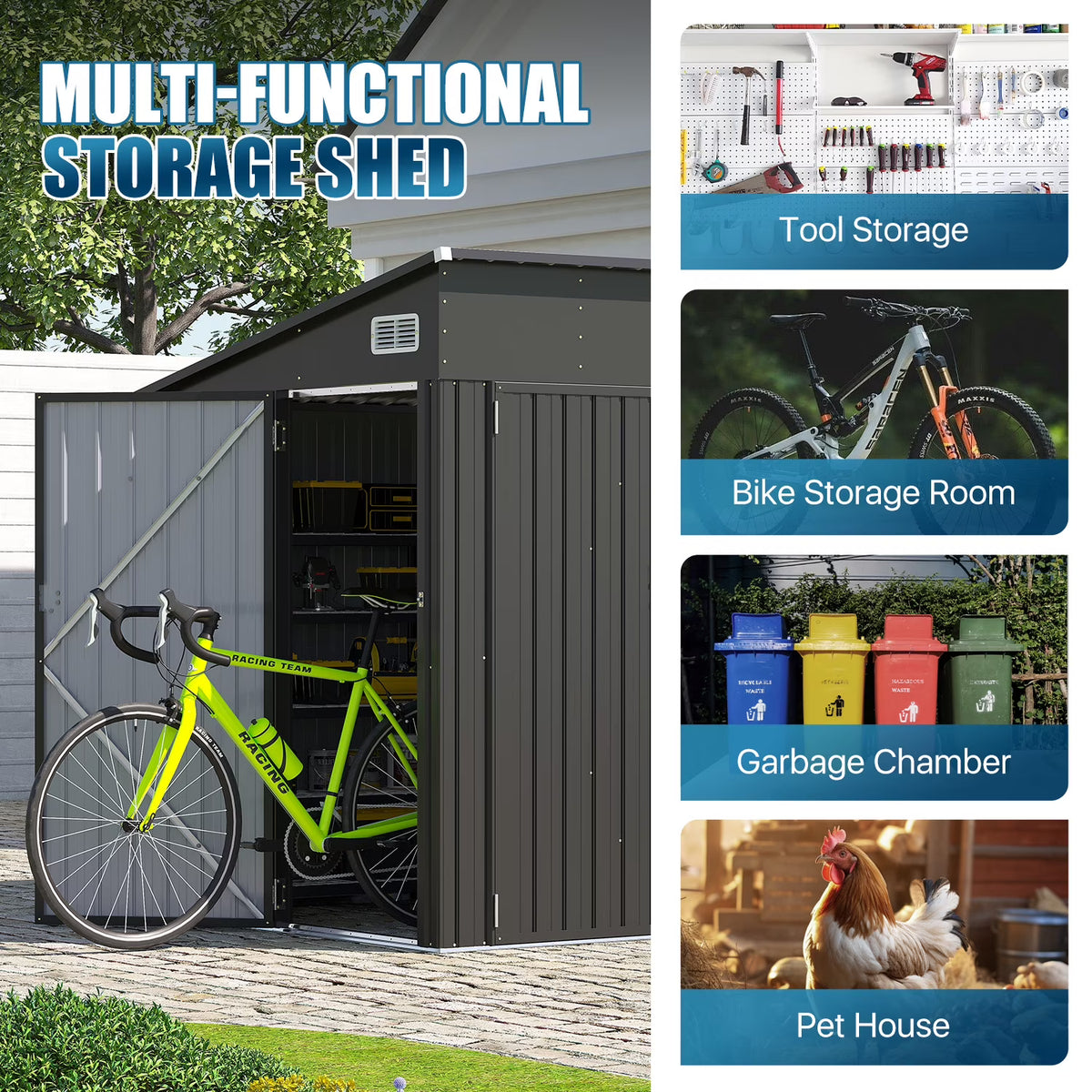 Dateyes 8' x 4' Metal Storage Shed with Triple Doors, Lockable Lean-to Design & Vents, Black