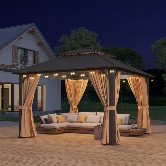 Clouddwell 12' x 12' Gazebo for Patio, Gazebo Pergola with Sloped Roof, Large Wall-Mounted Heavy Duty Awnings, for Deck, Patio and Backyard,Brown
