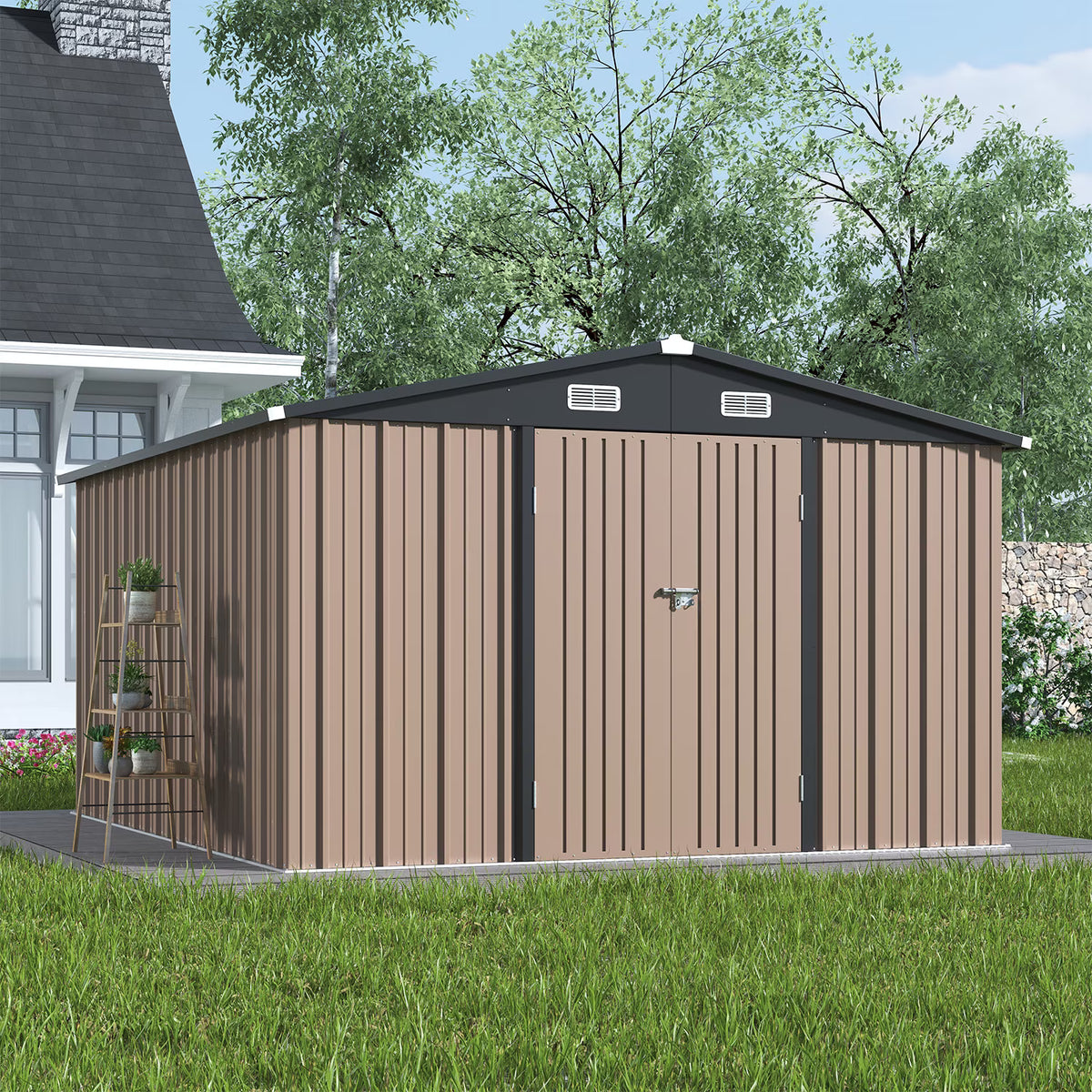 Clouddwell 9.5x11.9 ft. Metal Storage Shed, Weather Resistant Steel Garden Shed with Lock for Outdoor Backyard, Brown