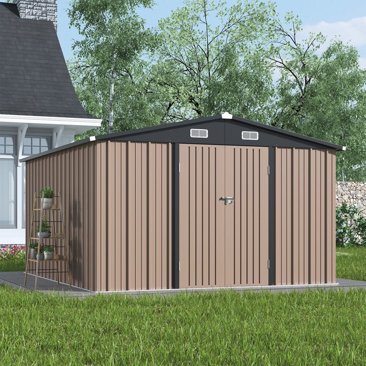Clouddwell 10x12 ft. Metal Storage Shed, Waterproof Steel Garden Shed with Lock, Brown