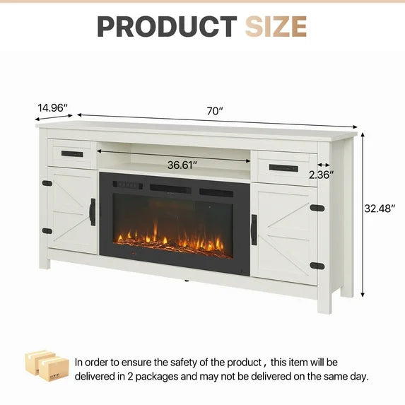 Sonegra 70" Fireplace TV Stand, Entertainment Center for TVs Up to 80”, TV Console with Storage Cabinets, Media Console for Living Room, White TV Stand and Black Fireplace