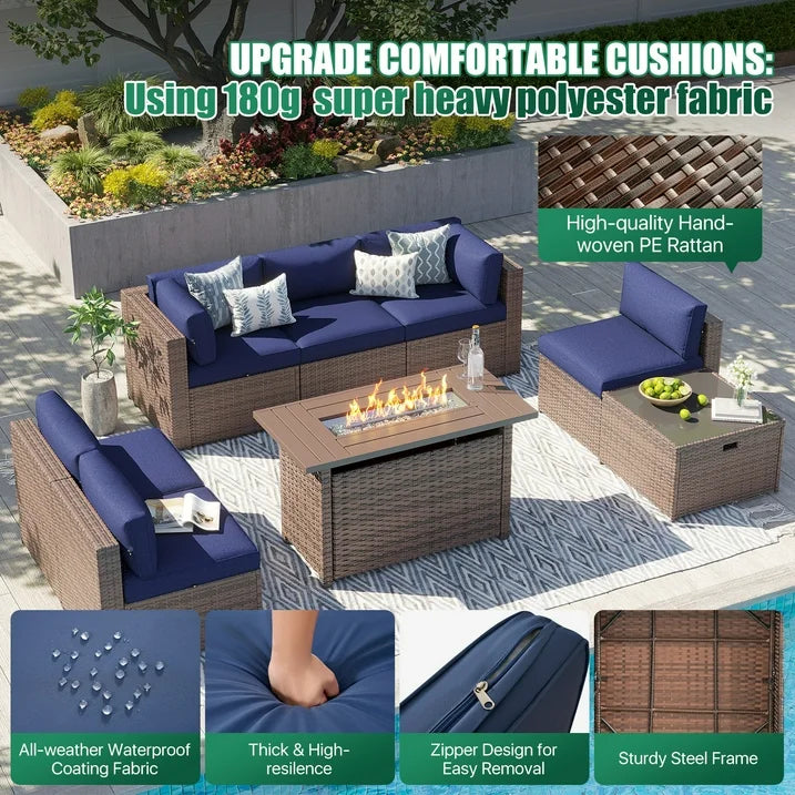 Clouddwell 8 Piece Patio Furniture Set with 44” Fire Pit Table Wicker Rattan Patio Conversation Set Outdoor Sectional Sofa Set with Coffee Table and Blue Cushions(Waterproof Cover Included)