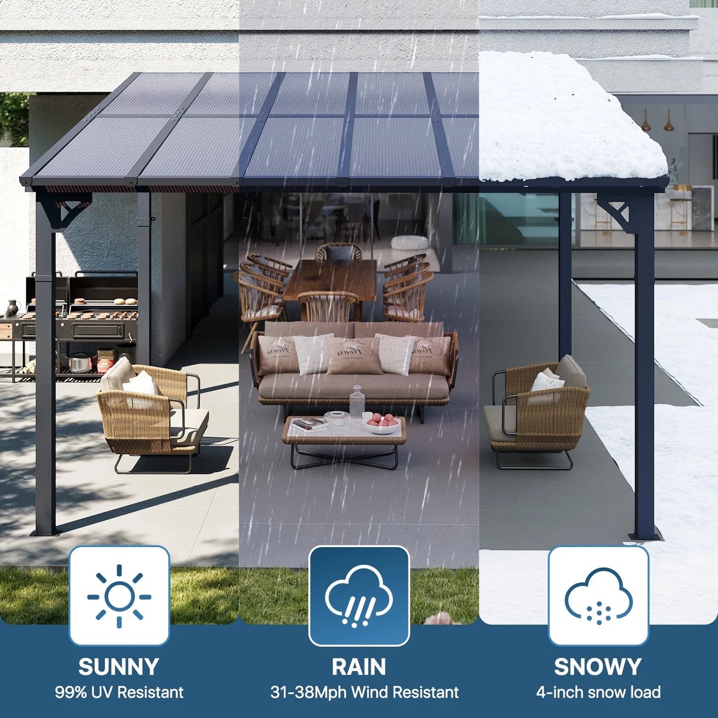 Sumnthink 10'x12' Hardtop Gazebo, Gazebo Pergola with Sloped Roof, Large Wall-Mounted Heavy Duty Awnings, for Patio, Deck and Backyard